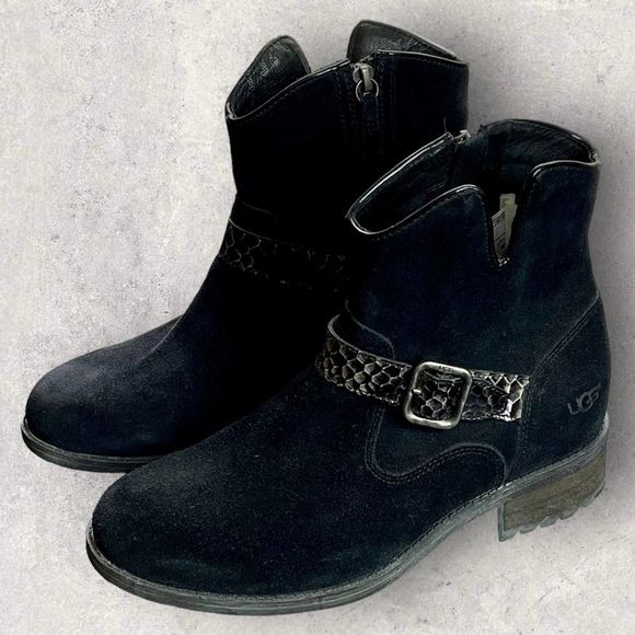 UGG MILNOR Black Suede Snake Strap Ankle Boots with Zipper Size 8 NEW - Picture 2 of 12